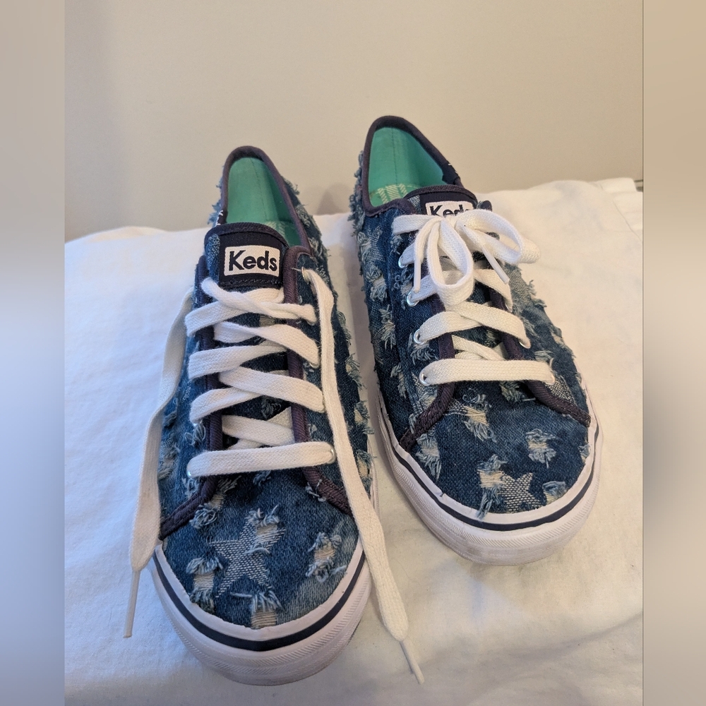 Keds Blue Denim Distressed Star Sneakers- Size 8.5